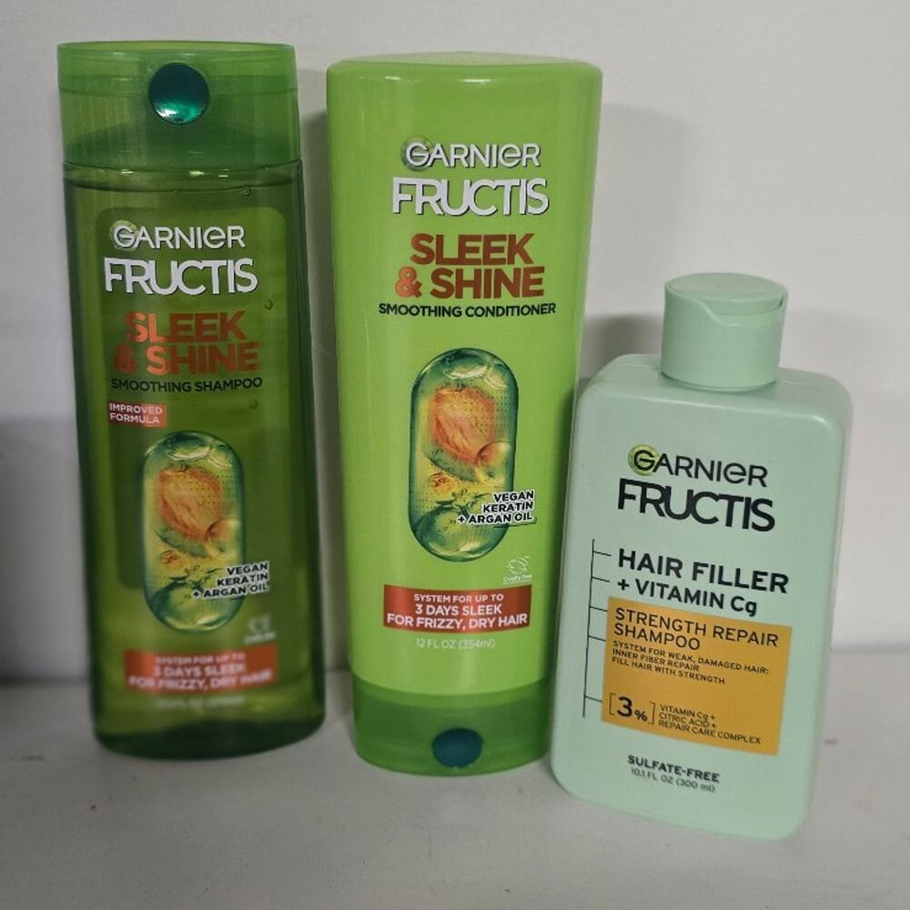 Garnier Fructis Hair Care Lot: Sleek & Shine Shampoo, Conditioner + Hair Filler